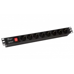 255002 Hyperline SHE19-8SH-S-IEC Блок розеток для 19" шкафов, горизонтальный, с выключателем с подсветкой, 8 розеток Schuko (10А), 250В, без кабеля пи